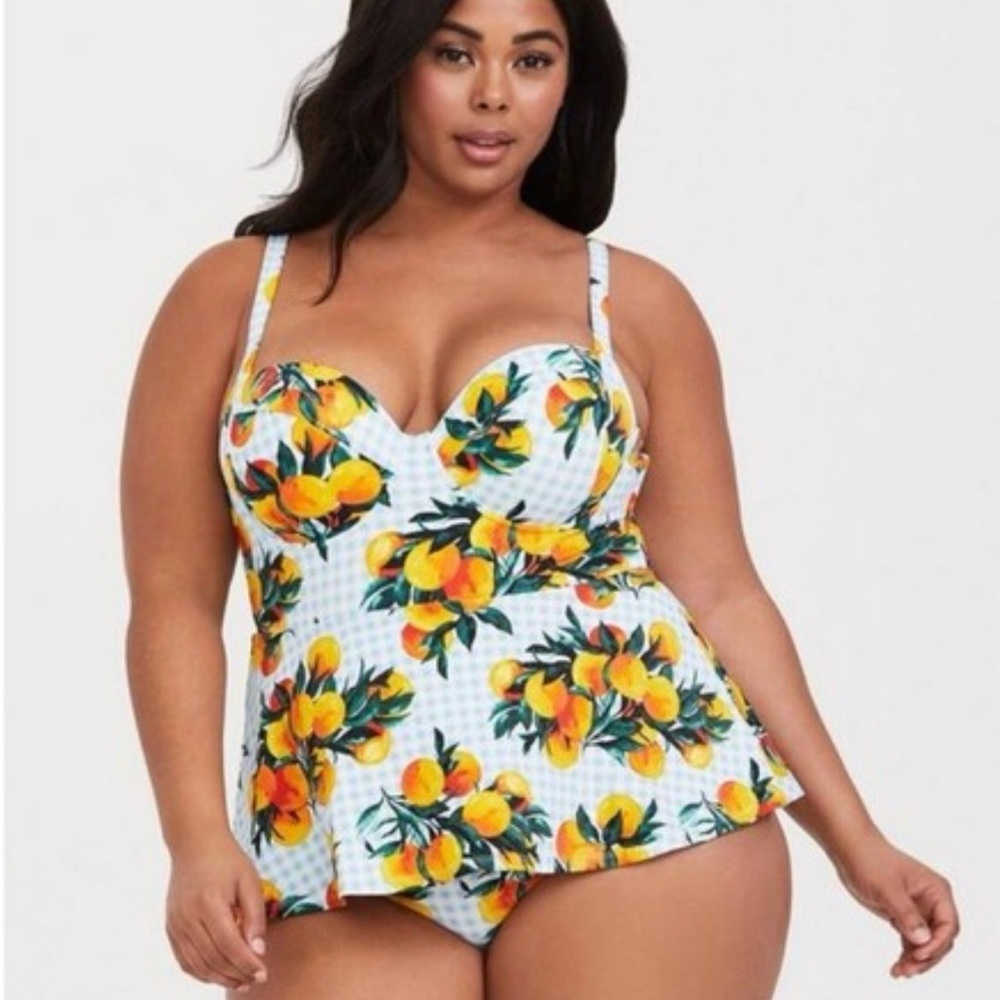 Torrid Blue Gingham & Oranges push-up Demi one piece swimsuit